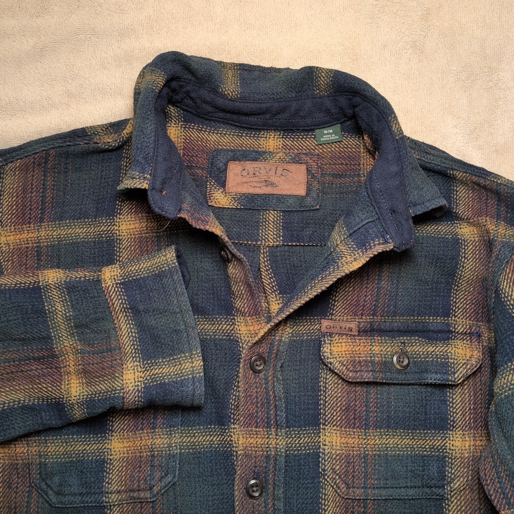 Orvis Flannel Mens M Green Yellow Plaid Heavyweight Cotton Button Shirt Shacket